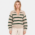 Women's beige knit sweater with green horizontal stripes and collared neckline