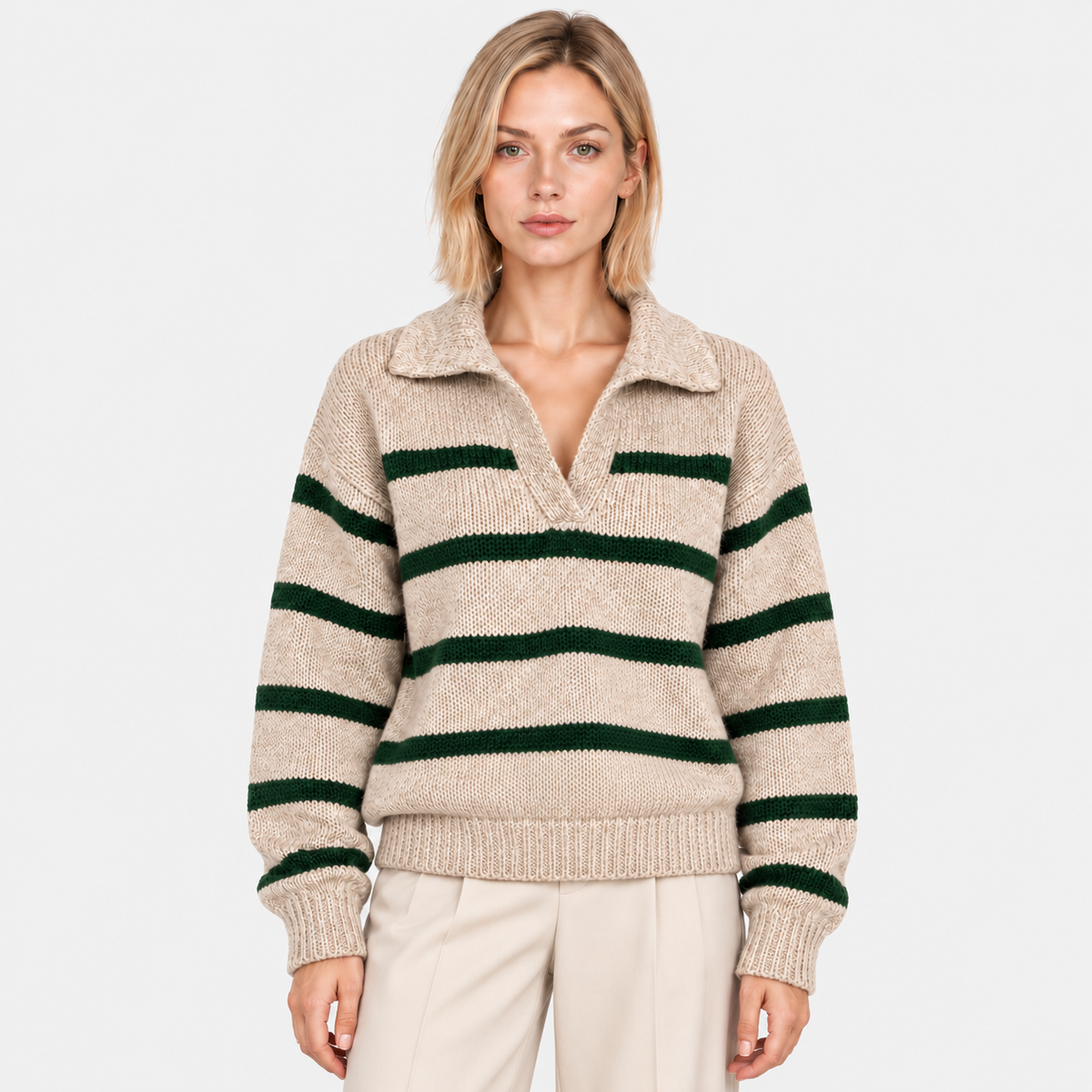 Women's beige knit sweater with green horizontal stripes and collared neckline
