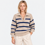  Women's beige knit sweater with blue horizontal stripes and collared neckline