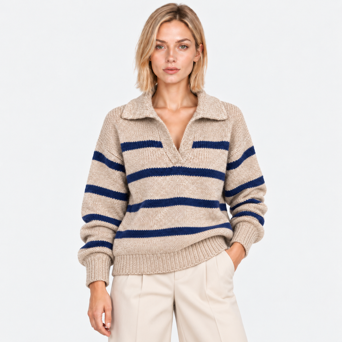  Women's beige knit sweater with blue horizontal stripes and collared neckline