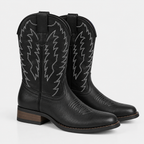 Women's black leather cowboy boots with embroidered shafts, pointed toes, and low block heels