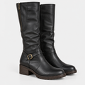 Women's black knee-high boots with side zipper, decorative buckle strap, and chunky block heels
