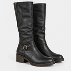 Women's black knee-high boots with side zipper, decorative buckle strap, and chunky block heels