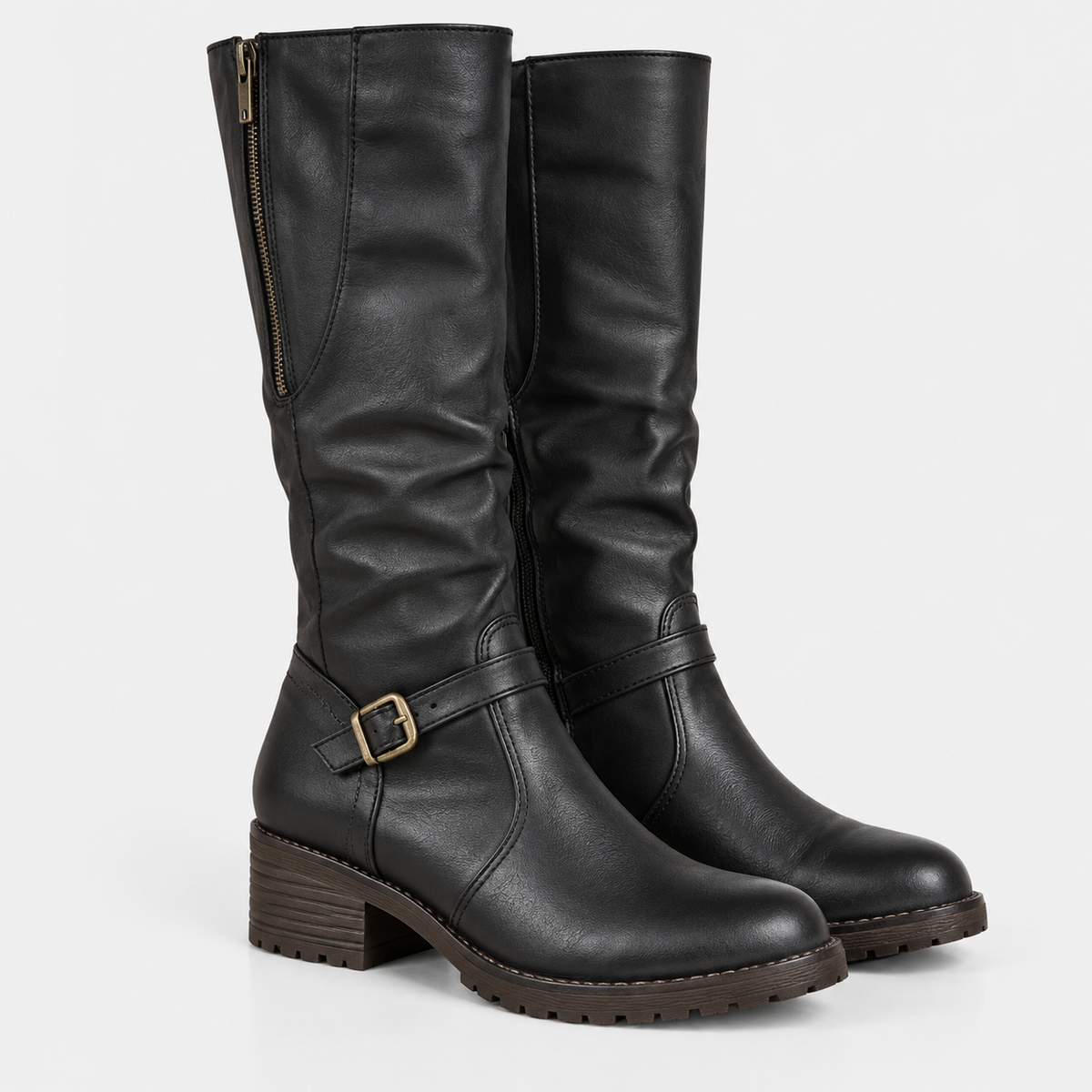 Women's black knee-high boots with side zipper, decorative buckle strap, and chunky block heels
