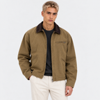 Men's khaki brown bomber jacket with dark brown corduroy collar and front pockets