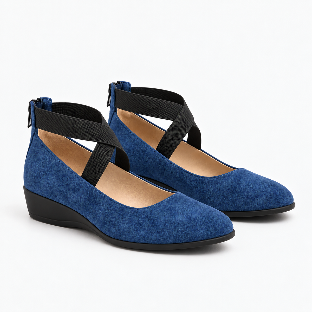 A pair of women's blue suede Mary Jane-style wedge shoes with dark brown ankle straps and black wedge heels, shown on a light gray background.