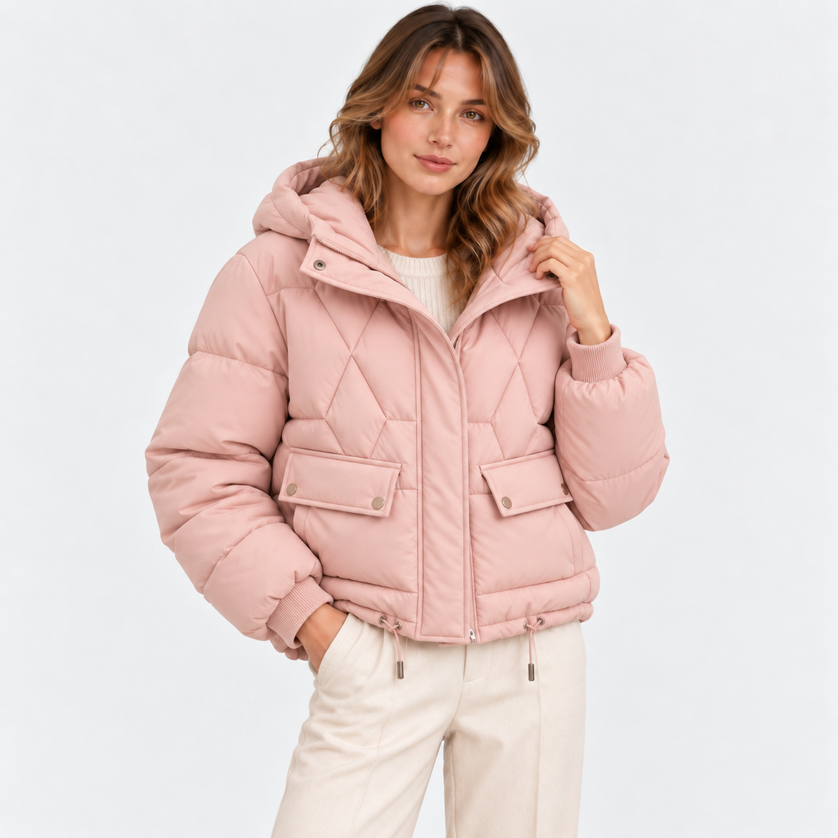 Women's pink quilted puffer jacket with hood and front pockets