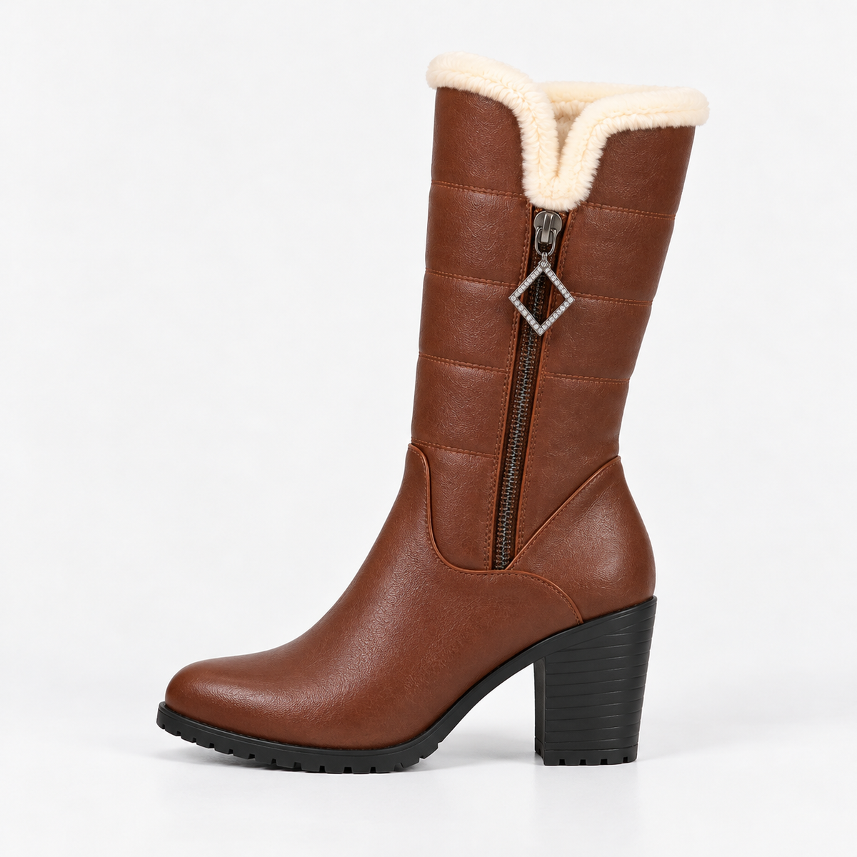 A mid-calf brown faux-leather boot with a cream shearling lining at the top, a side zipper, and a black block heel, shown against a plain white background.
