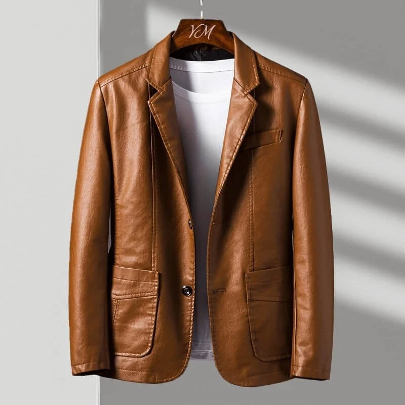 Brown leather jacket on a hanger against a neutral background