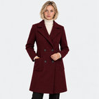 Women's burgundy double-breasted wool coat with notched lapels, front pockets, and long sleeves