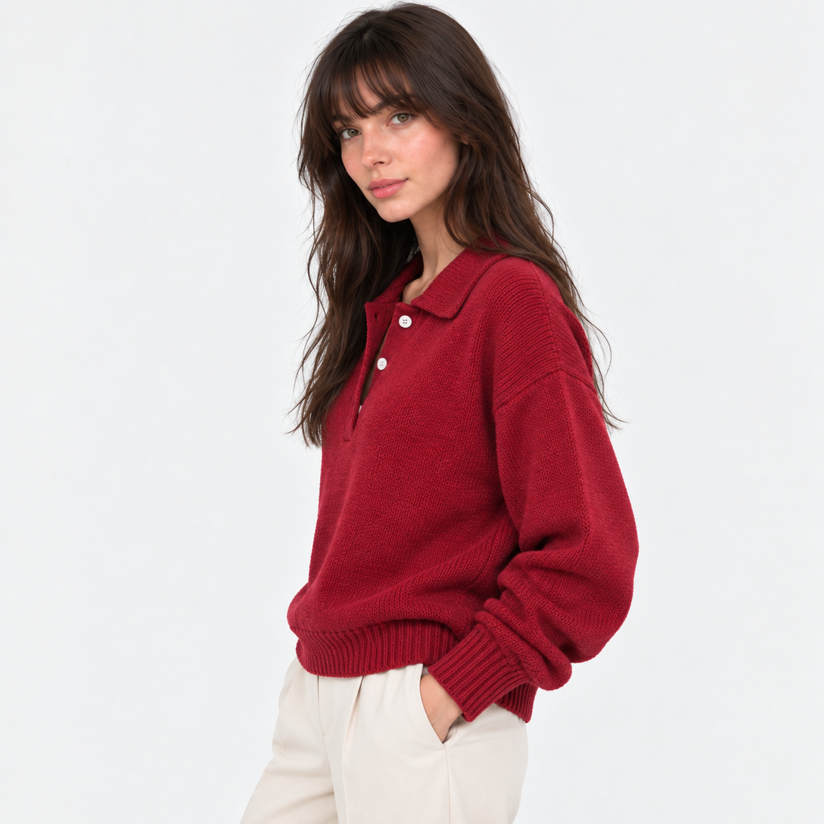 Side view of a woman wearing a red knit polo sweater with white pants