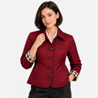 Women's burgundy quilted jacket with pointed collar and button-front closure