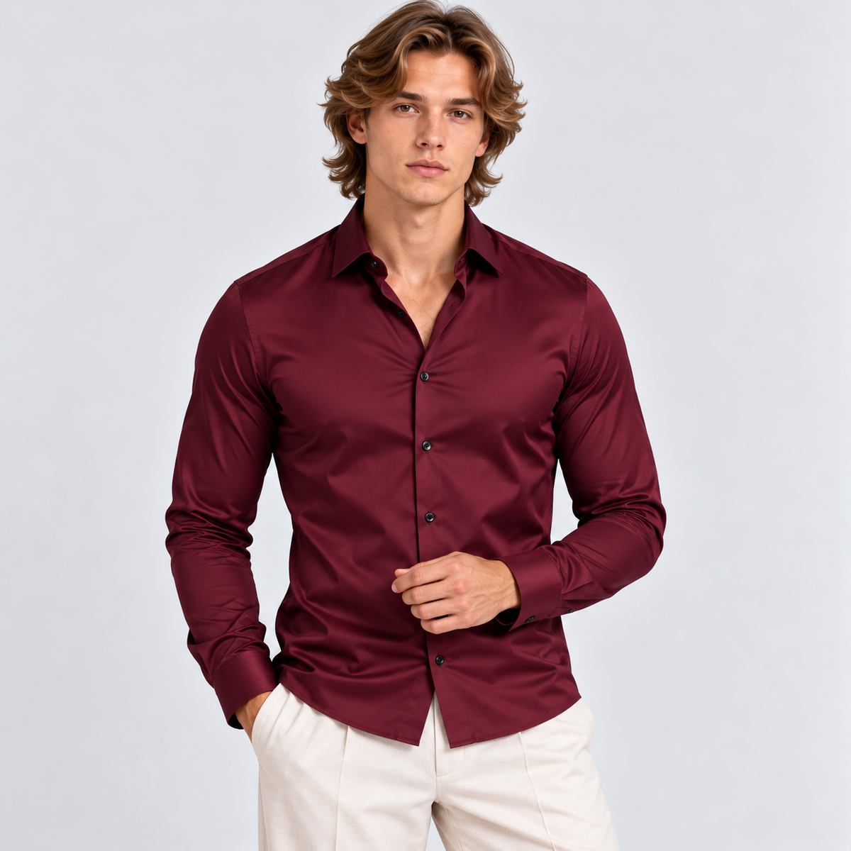 Men's burgundy long sleeve button-down shirt with classic collar and slim fit