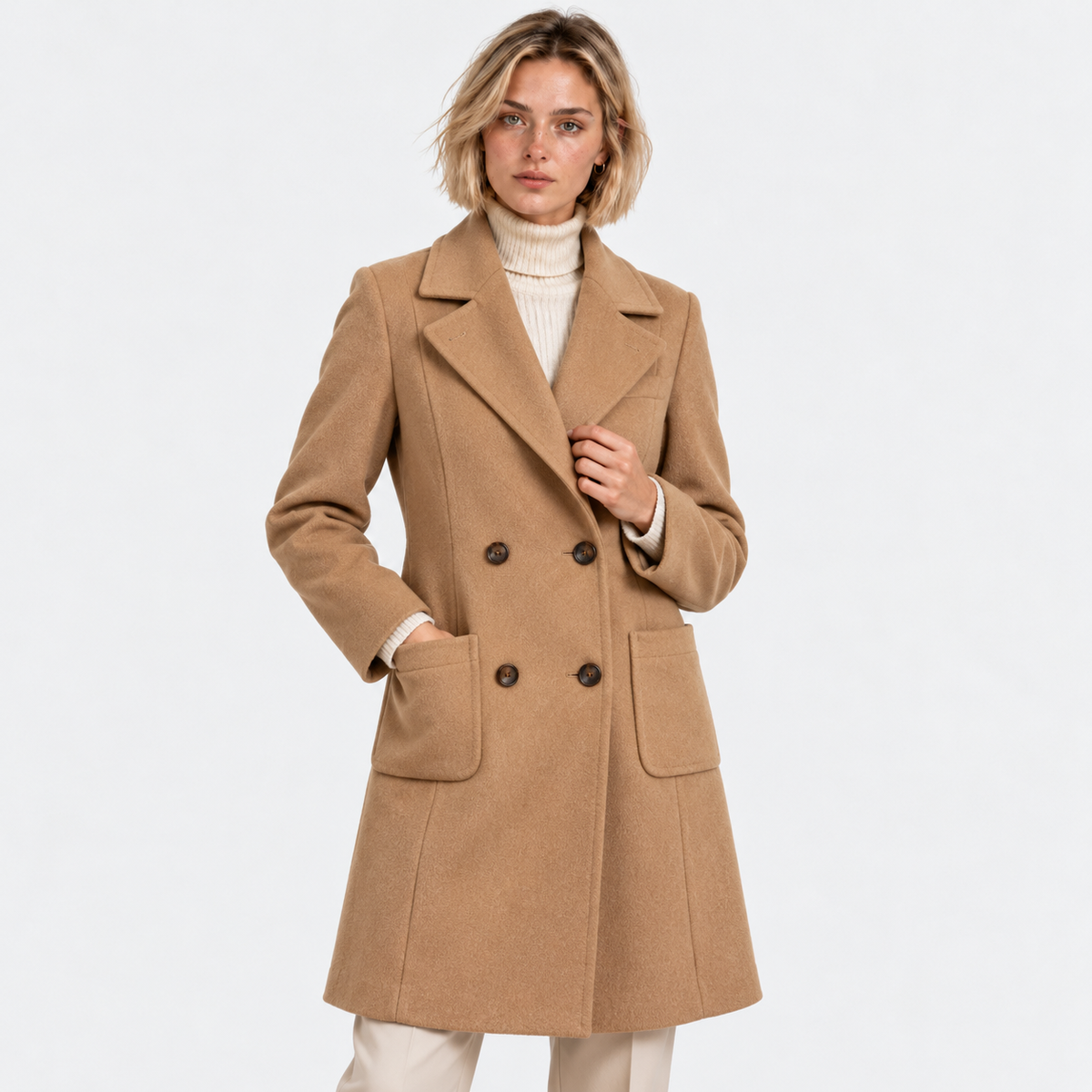 Women's camel brown double-breasted long coat with notched lapels