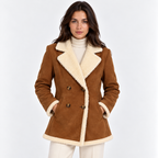 Women's brown shearling coat with cream faux fur collar, double-breasted buttons, and front pockets