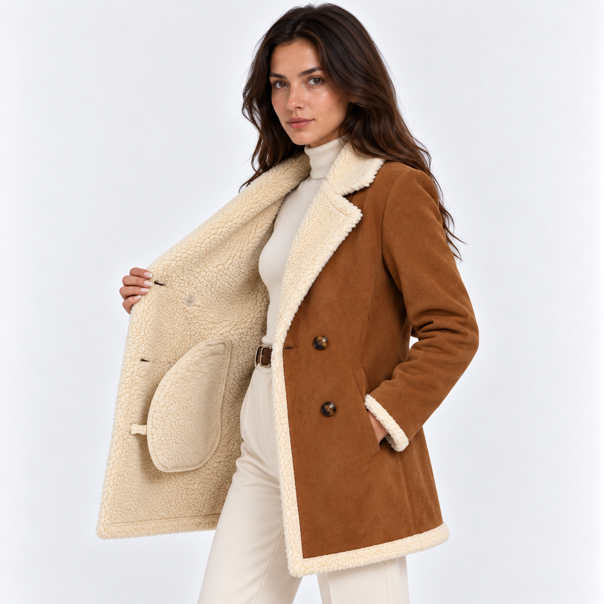 Side view of a woman wearing a brown shearling coat with cream faux fur lining