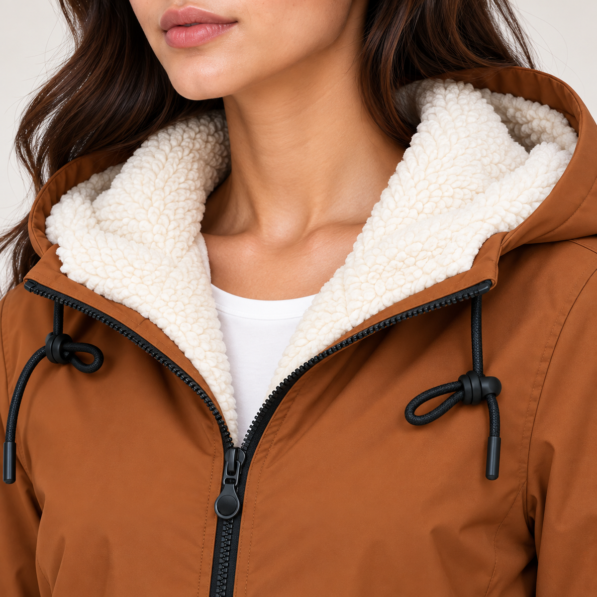 Close-up of a woman wearing a brown hooded jacket with a thick cream sherpa lining and black zipper details.