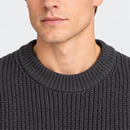 Close-up of men's charcoal gray ribbed knit sweater with crew neckline