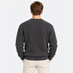 Back view of a men's charcoal gray ribbed knit crew neck sweater