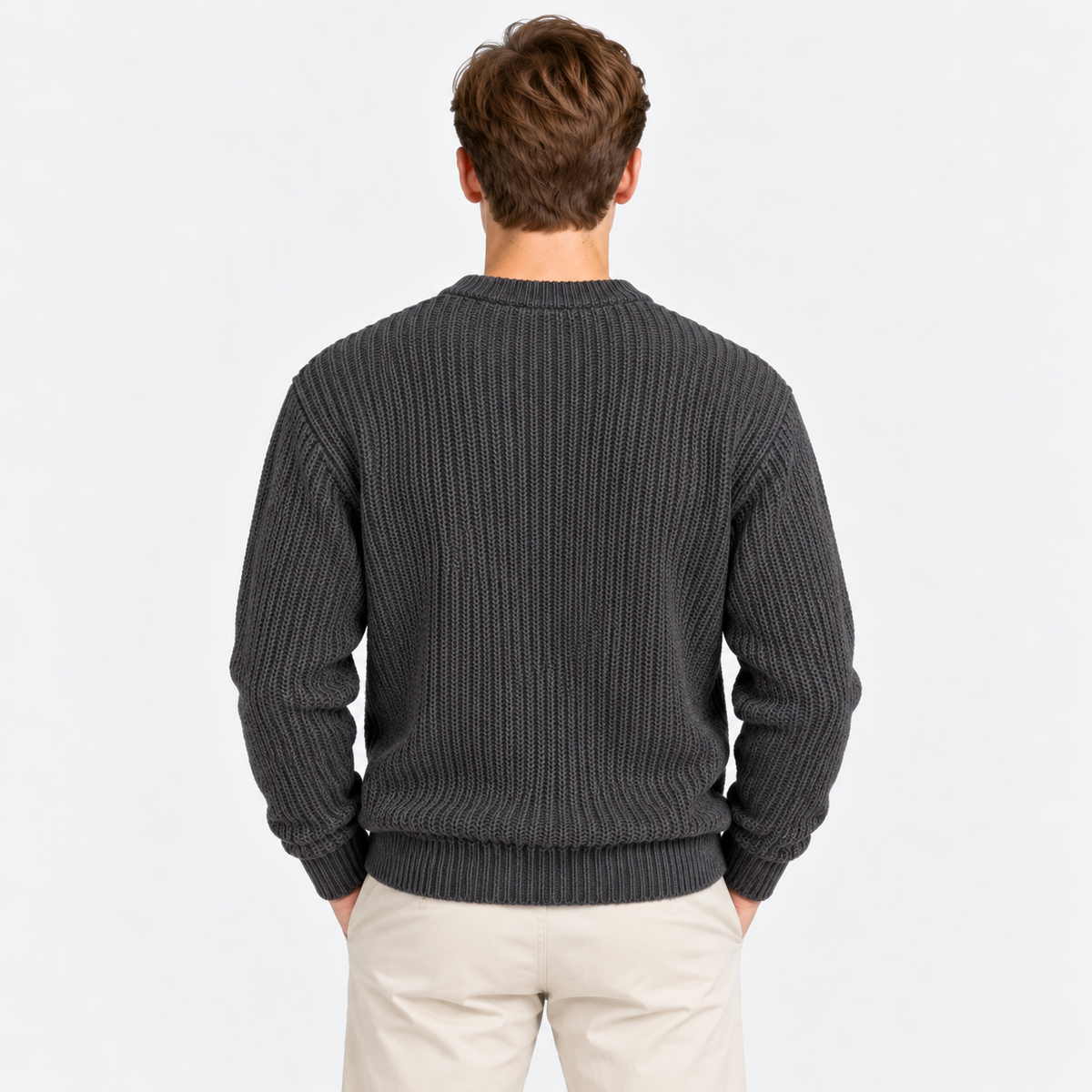 Back view of a men's charcoal gray ribbed knit crew neck sweater