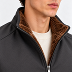 Close-up of men's charcoal gray jacket with brown corduroy collar and front zipper