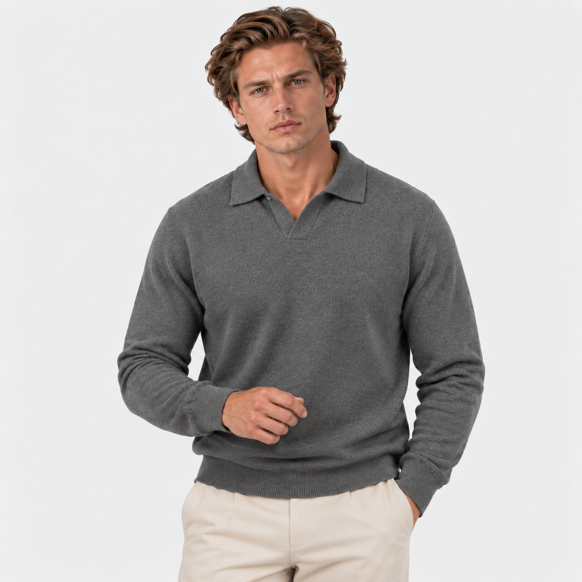 Men's Knit Polo Sweater – Open Collar Long Sleeve Pullover