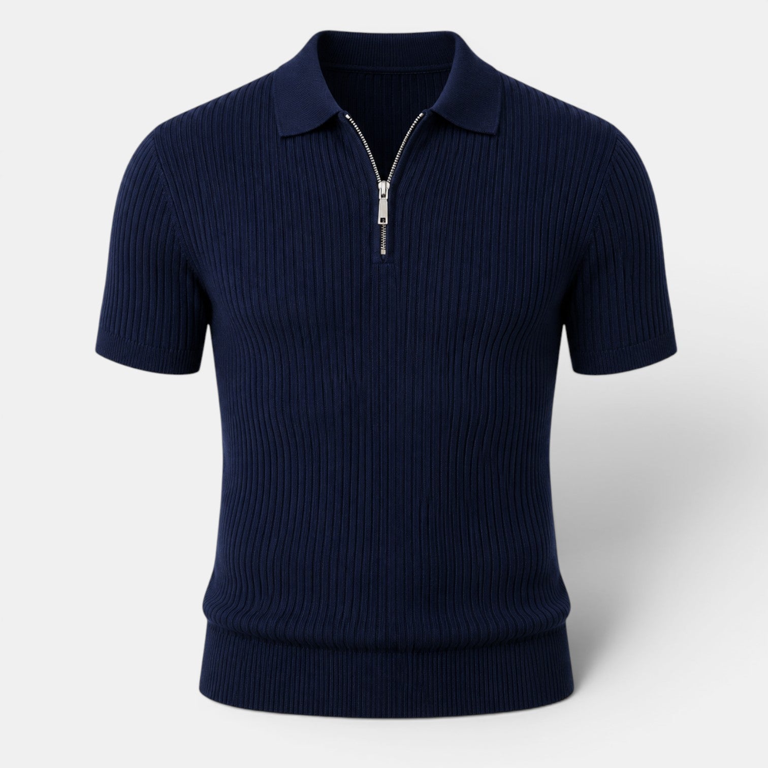 Navy ribbed knit polo shirt with a quarter-zip collar, displayed against a light gray background.