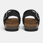 Back view of black braided strap sandals with adjustable buckles and cork-style soles.