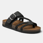 Black braided strap sandal with an adjustable buckle and cork-style footbed.