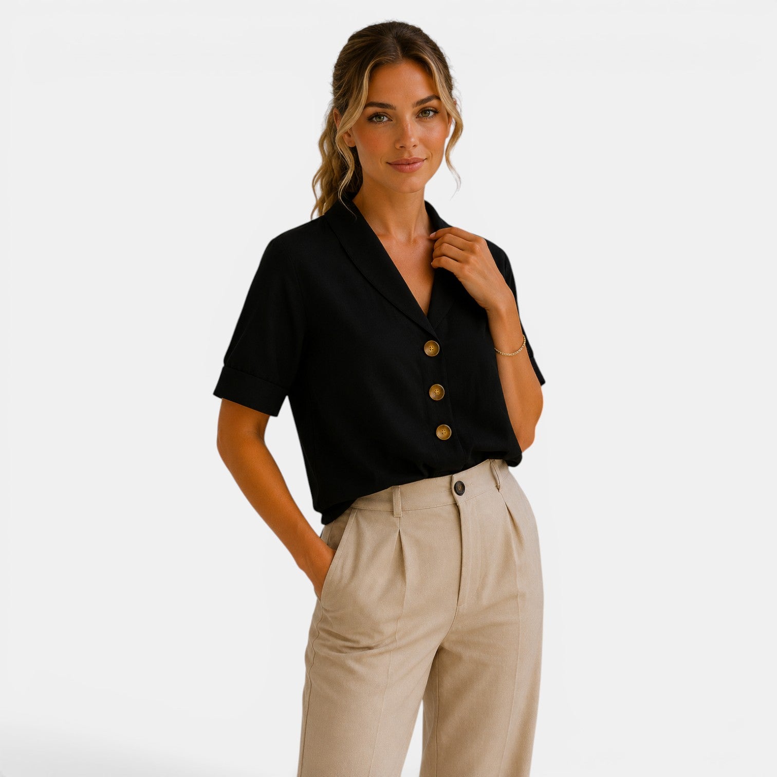 Women's Short Sleeve Blouse Relaxed Fit Button Front T-shirt – Belcien
