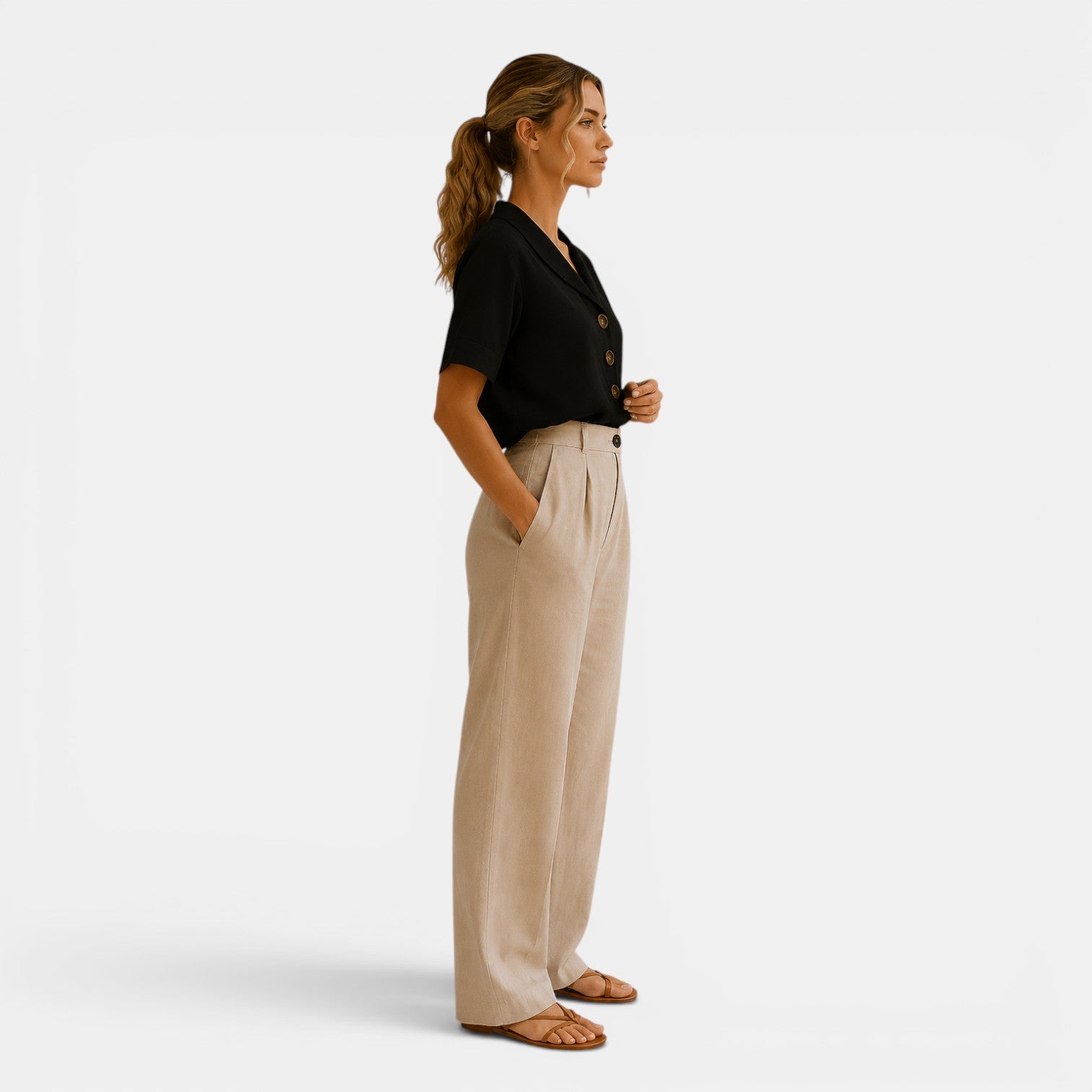 Woman wearing a black blouse and beige pants on a white background