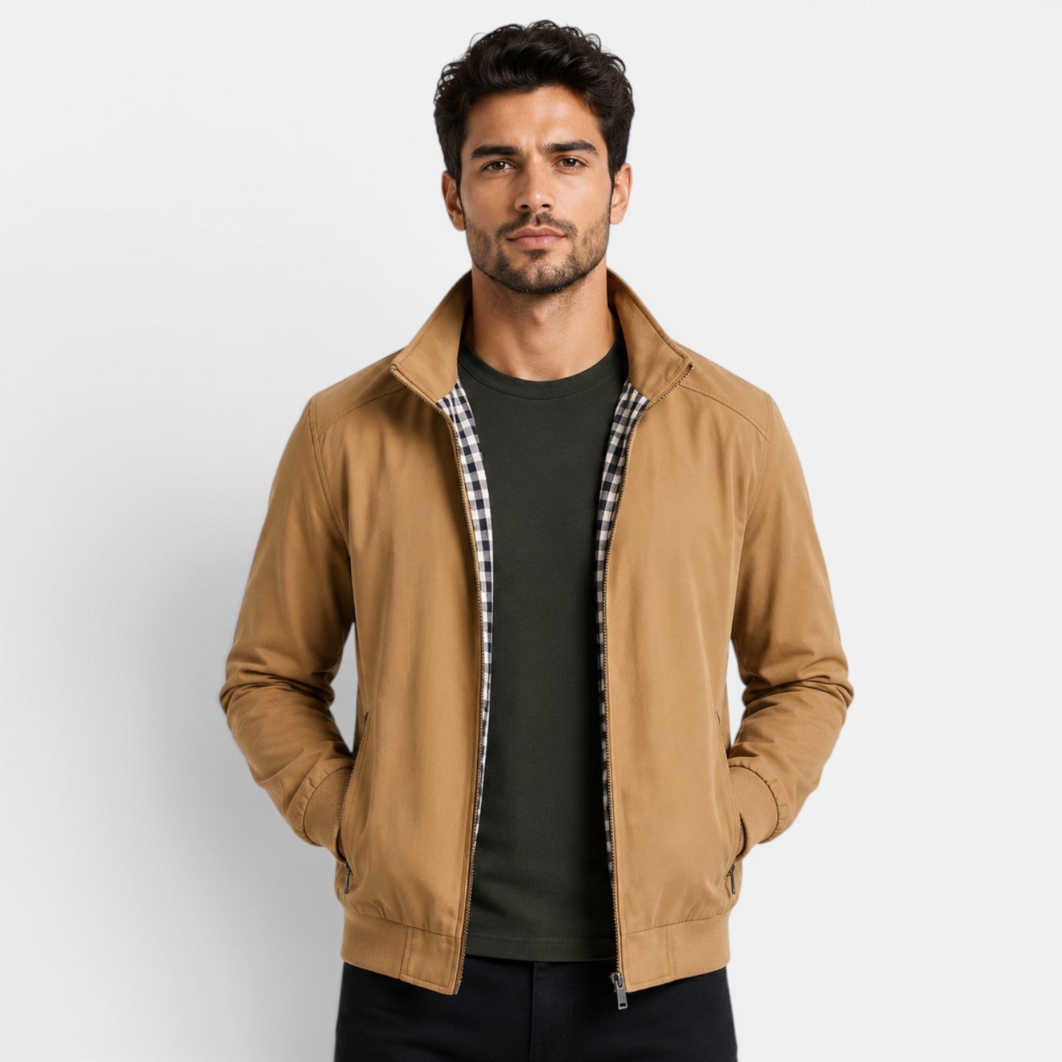 Man wearing a brown jacket over a black shirt with a white background