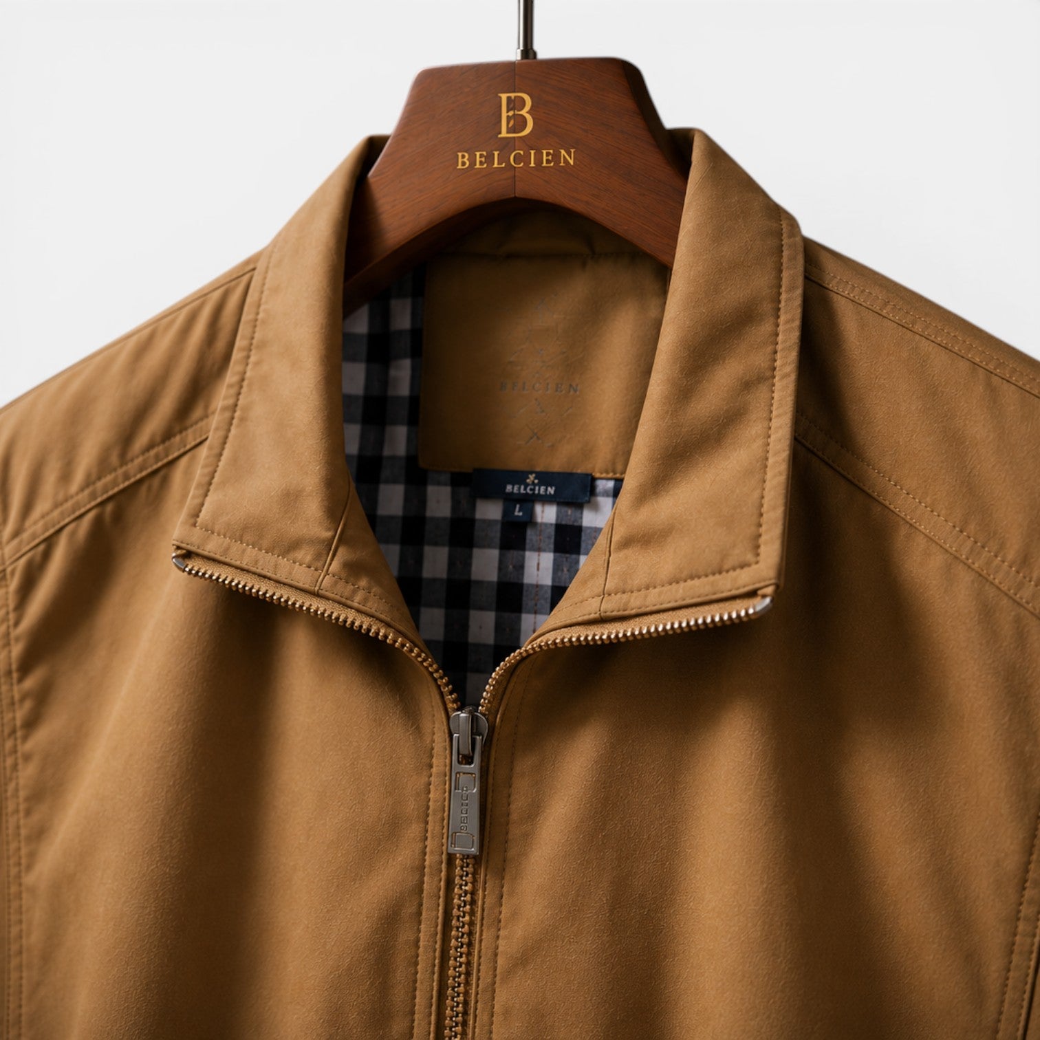 Brown jacket on a hanger with 'Belfcien' branding