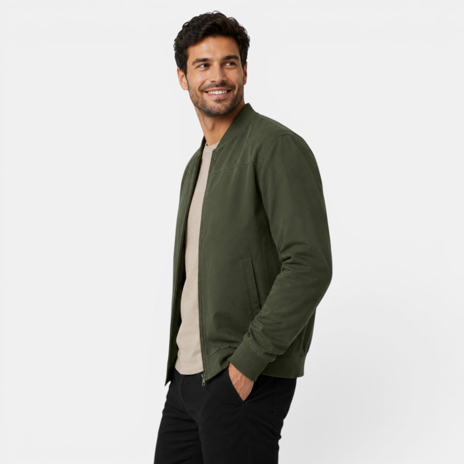 Man wearing a green jacket on a white background