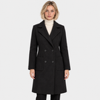 Women's black double-breasted long coat with notched lapels and front pockets