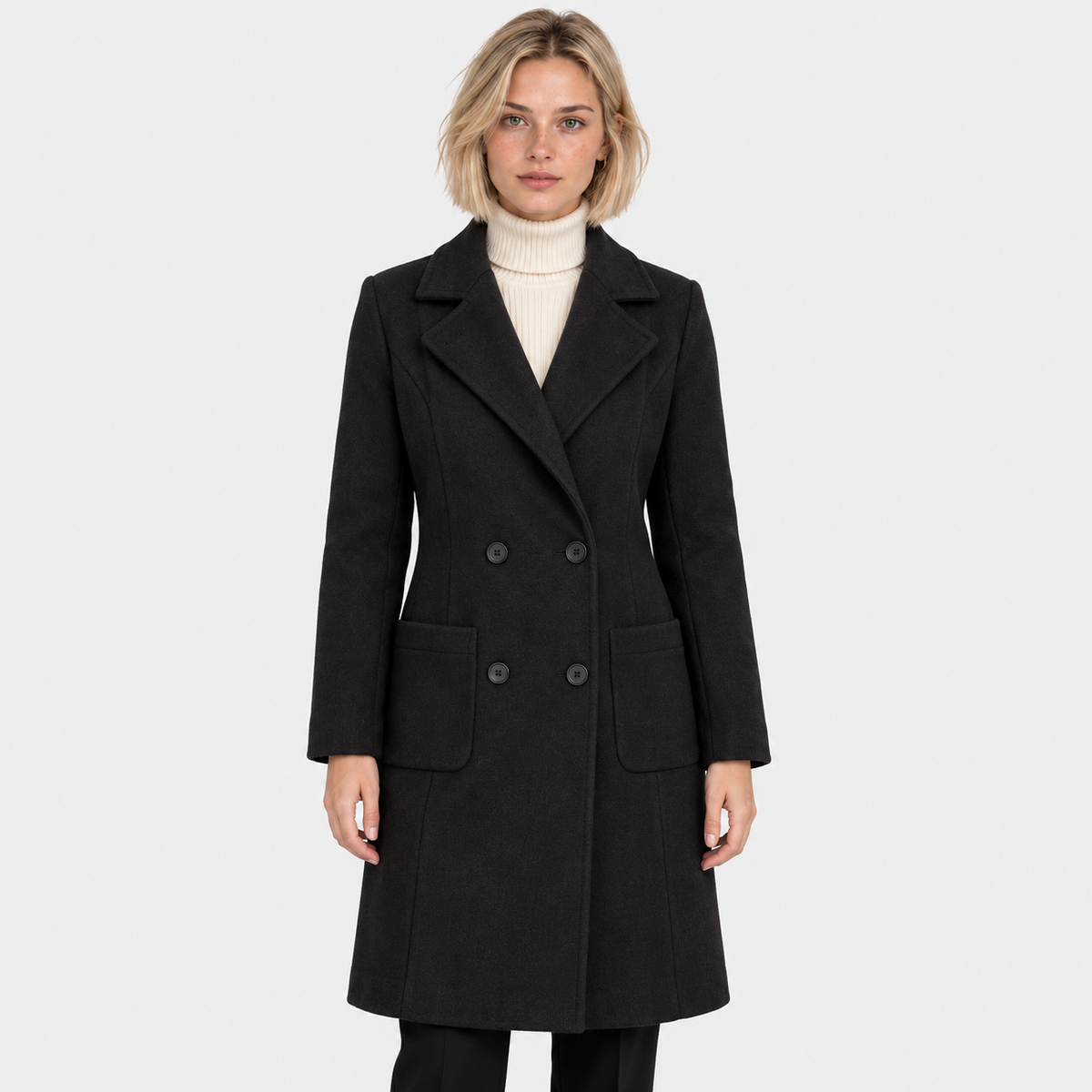 Women's black double-breasted long coat with notched lapels and front pockets