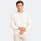 Men's cream ribbed knit crew neck sweater with long sleeves