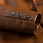 Close-up of a brown leather jacket with buttons