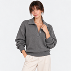 Women's gray knit polo sweater with collared neckline and button placket