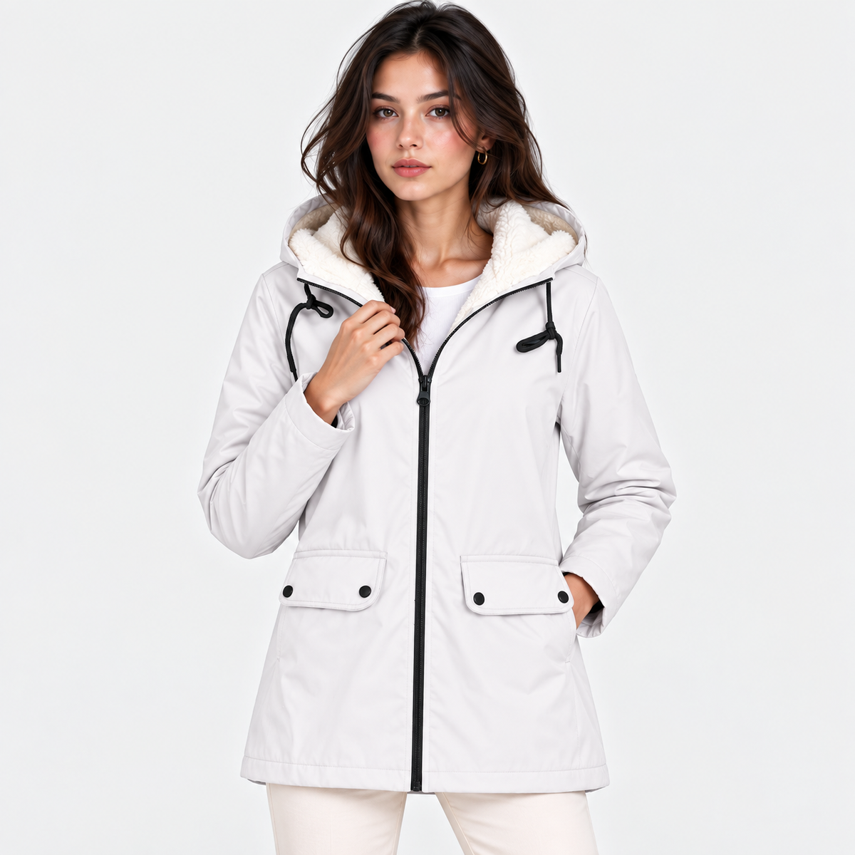 A woman modeling a light gray hooded jacket with a white sherpa-lined hood, black drawstrings, and black zipper details, set against a plain white studio background.