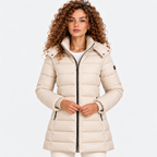 Women's cream quilted puffer coat with front zipper and side pockets
