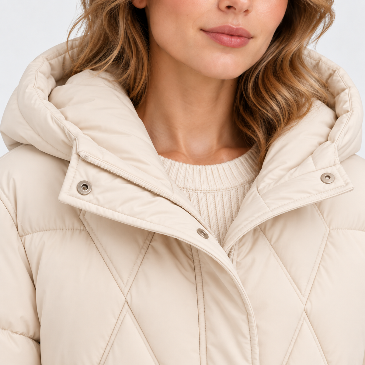 Close-up of women's cream puffer jacket with hood, high collar, and zip closure