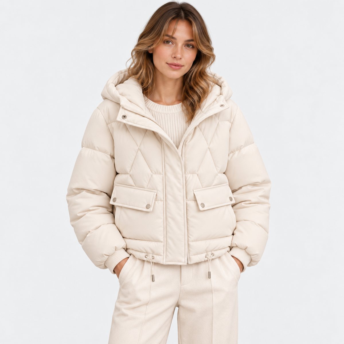Women's cream quilted puffer jacket with hood, front pockets, and zip closure