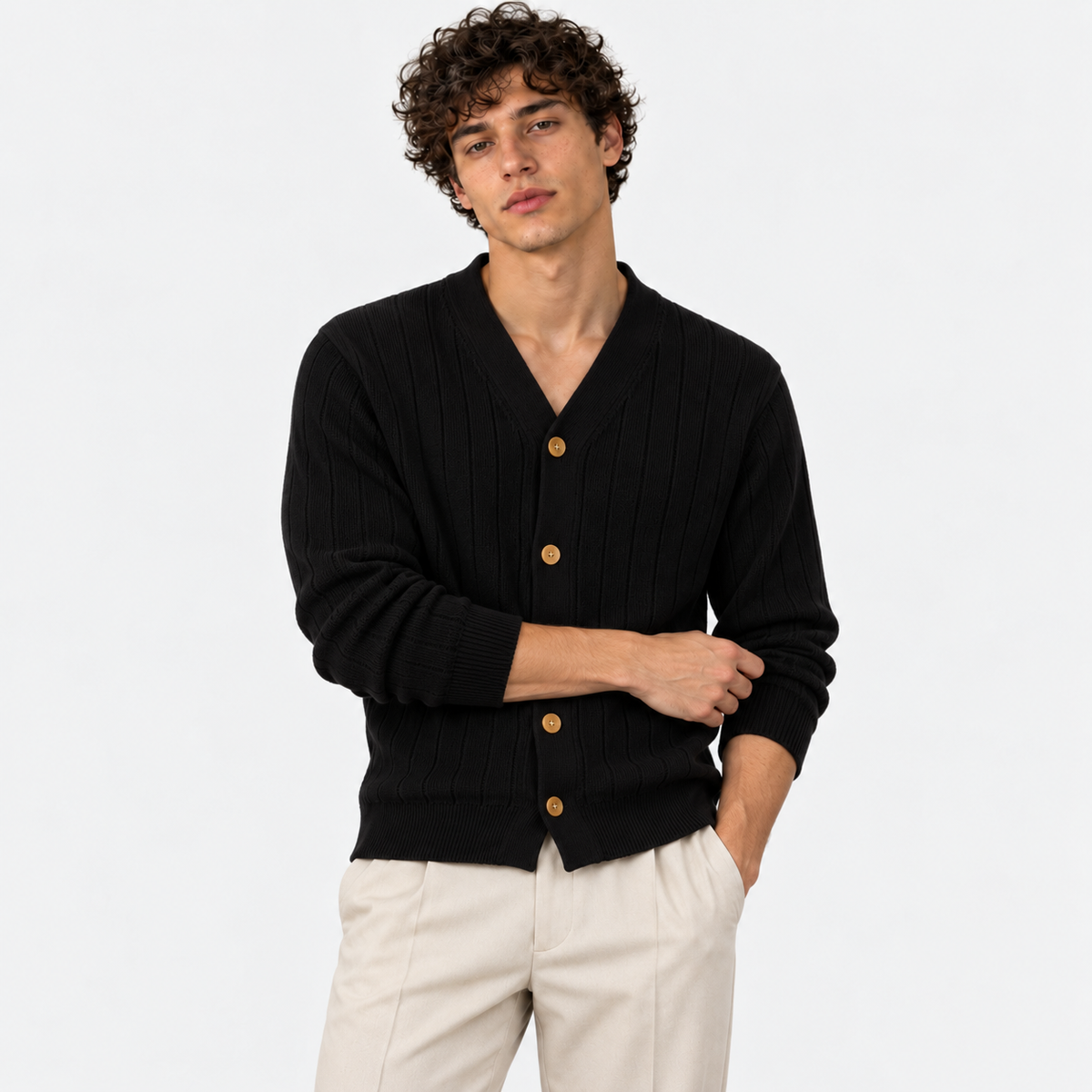 Men's black ribbed knit cardigan with V-neckline, button closure, and long sleeves
