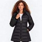 Women's black quilted puffer coat with front zipper and side pockets