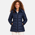 Women's navy blue quilted puffer coat with stand collar, front zipper, and side pockets