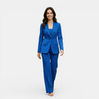 Woman wearing a blue suit on a white background