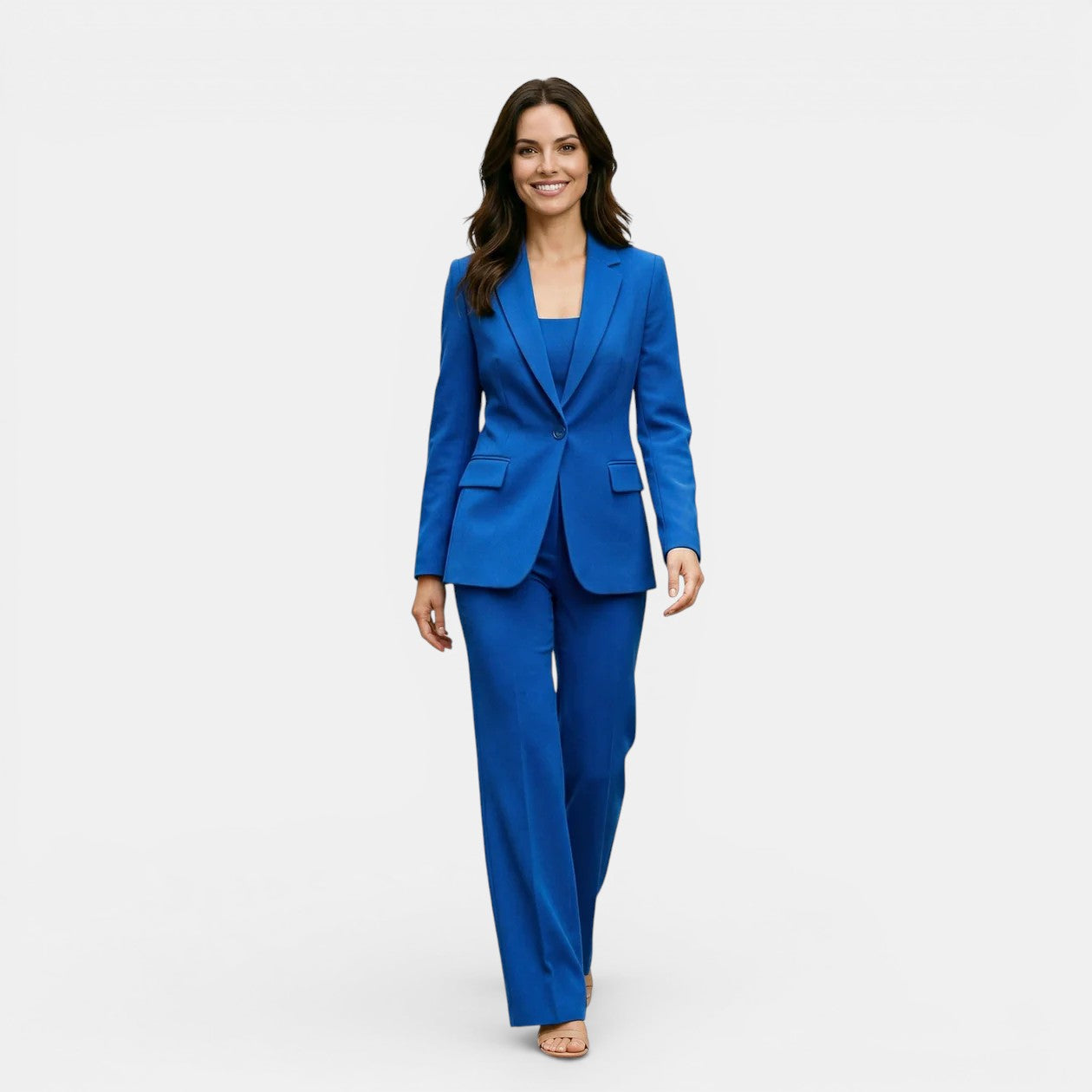 Woman wearing a blue suit on a white background