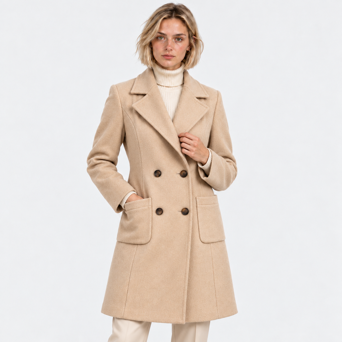 Women's beige double-breasted long coat with notched lapels and front pockets