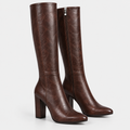 Women's dark brown knee-high boots with side zipper, pointed toes, and block heels
